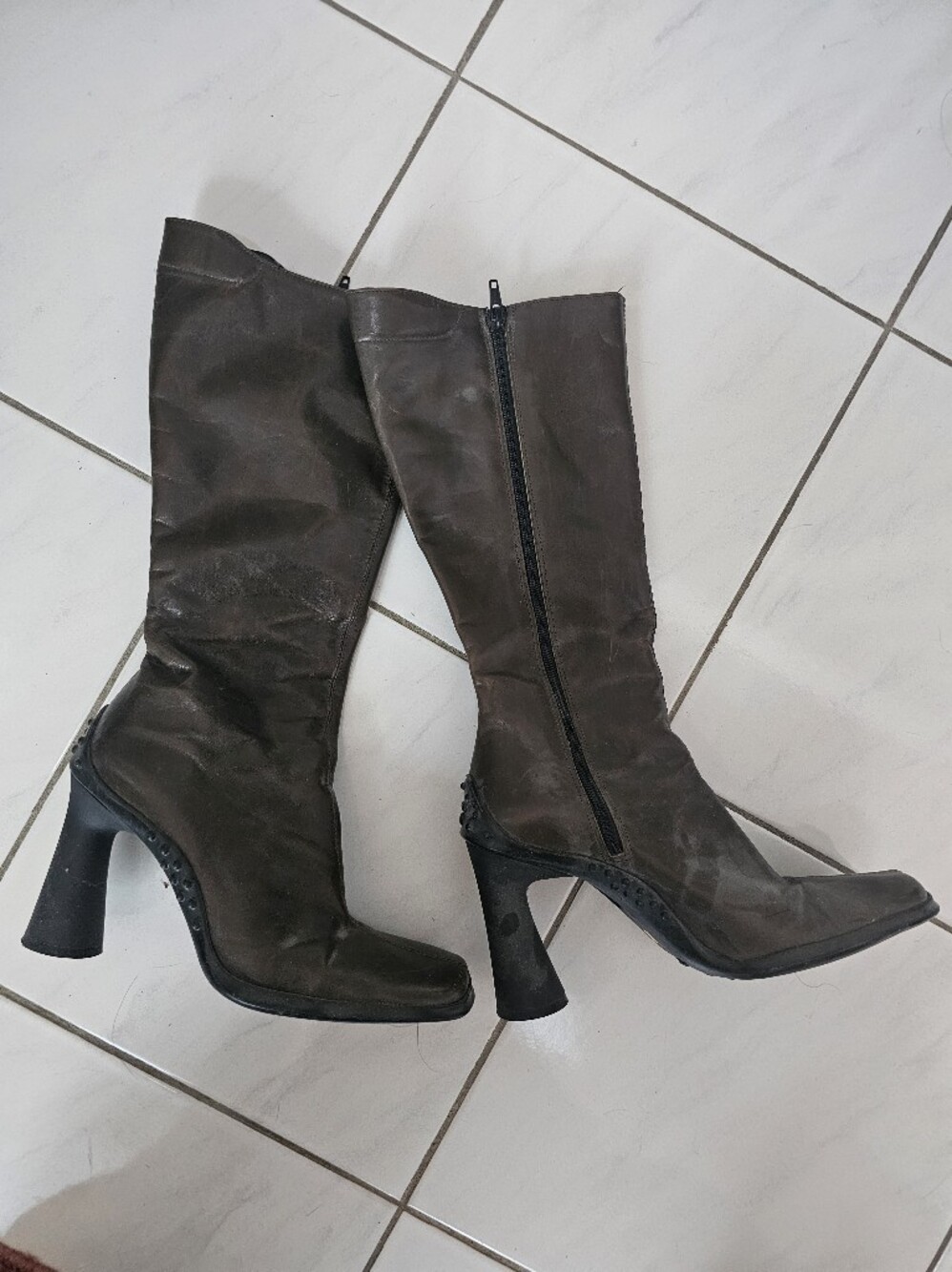 Women's Brown Green Upper-Calf Heeled Leather Boots with Side Zip Square Toe